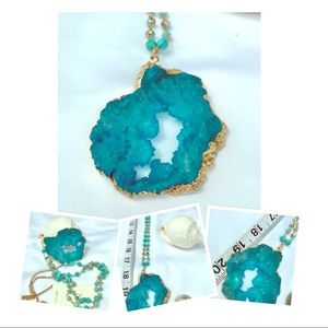 Turquoise teal colored geode agate necklace 21”